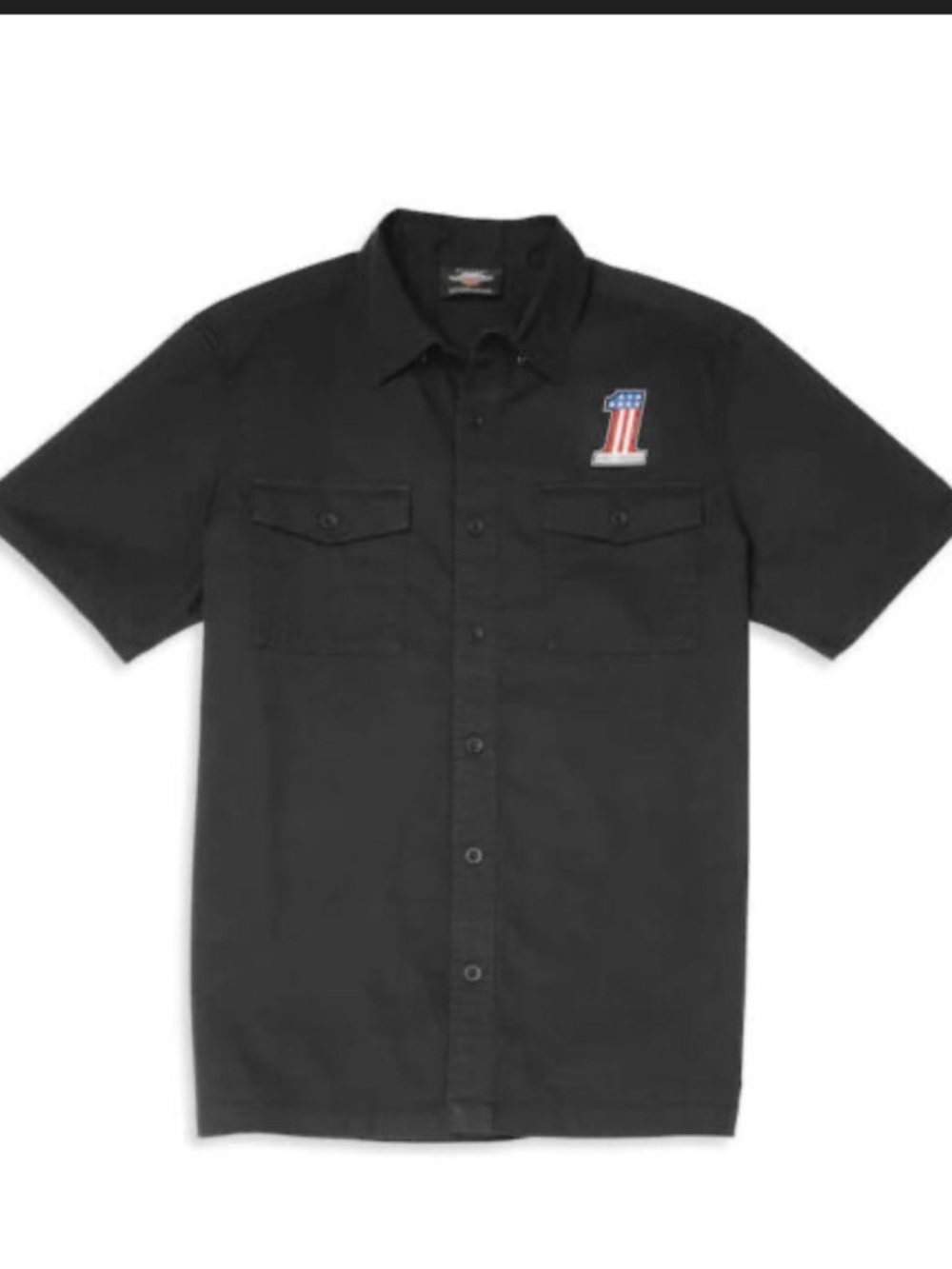 Harley Davidson Men's Black Short-Sleeve Work Shirt with Flag Patch